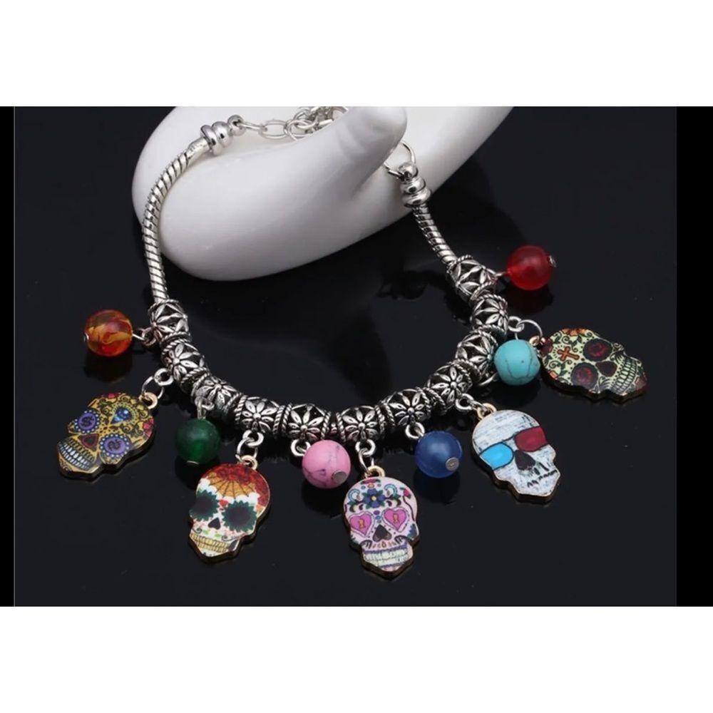 🔥NWT New sugar skull bracelet agate beads lobster clasp Calavera charms